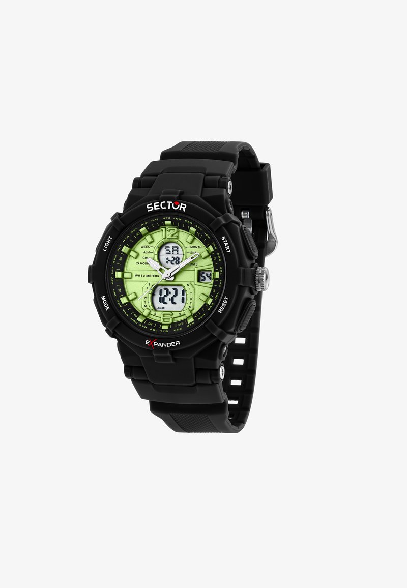 Orologio digitale con cinturino in gomma nera, quadrante verde e diversi display digitali per l'ora, la data e la sveglia. Impermeabile fino a 50 metri.