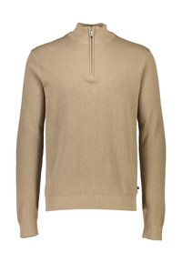 Suéter de punto beige con cuello de media cremallera, que presenta un patrón texturizado y puños y dobladillo acanalados. Tela suave y ligera.