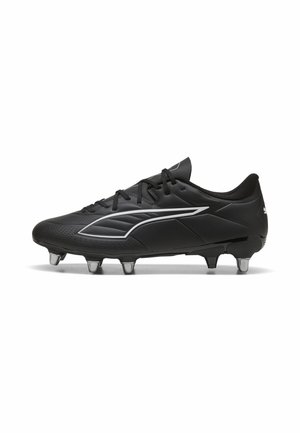 Schwarzer Fußballschuh mit silbernen Stollen, Schnürsenkeln und einem weißen geschwungenen Streifendesign an der Seite, von der Außenseite gezeigt.