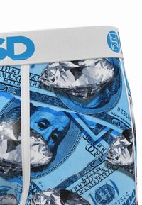 Miesten bokserishortsit, joiden kangas on sinisellä dollarilipputeholla ja timanttikuvioilla. Vaahtomuovinen vyötärönauha, jossa on kontrastivärinen logo.
