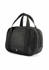 Czarna prostokątna torba z podwójnymi tkaninowymi uchwytami, zamknięciem na zamek u góry oraz małym srebrnym logo na środkowej przedniej części.