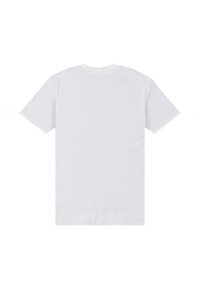 Bílé bavlněné tričko, krátké rukávy, kulatý výstřih, jednoduchý design, měkká textura, hladký povrch, bez viditelných log a vzorů.