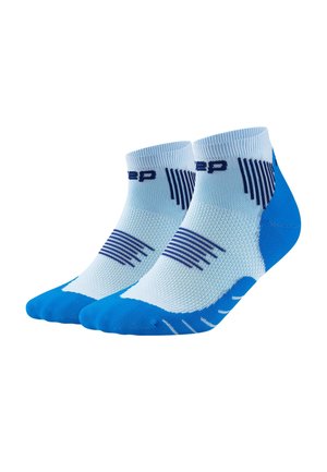 Pair of light blue ankle socks with dark blue stripes, reinforced toes and heels, and a brand logo near the cuff.