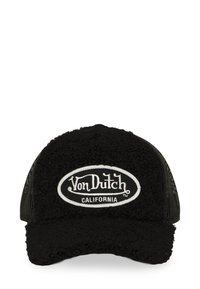 Casquette noire en tissu texturé au toucher doux, avec un patch logo blanc portant l'inscription "Von Dutch CALIFORNIA" à l'avant.