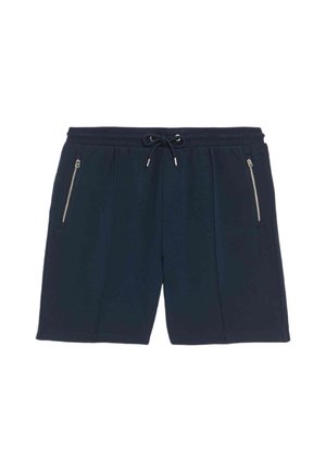 Navy blue shorts made from soft fabric, featuring an elastic waistband with drawstring, and two zippered side pockets with silver hardware.