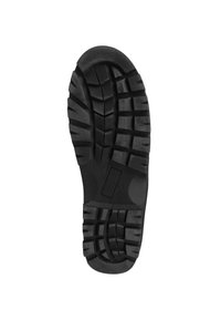 Schwarze Gummisohle mit tiefen Profilrillen und Rillen für besseren Halt, mit ausgeprägtem Absatz und Zwischensohlen-Design für Stabilität.