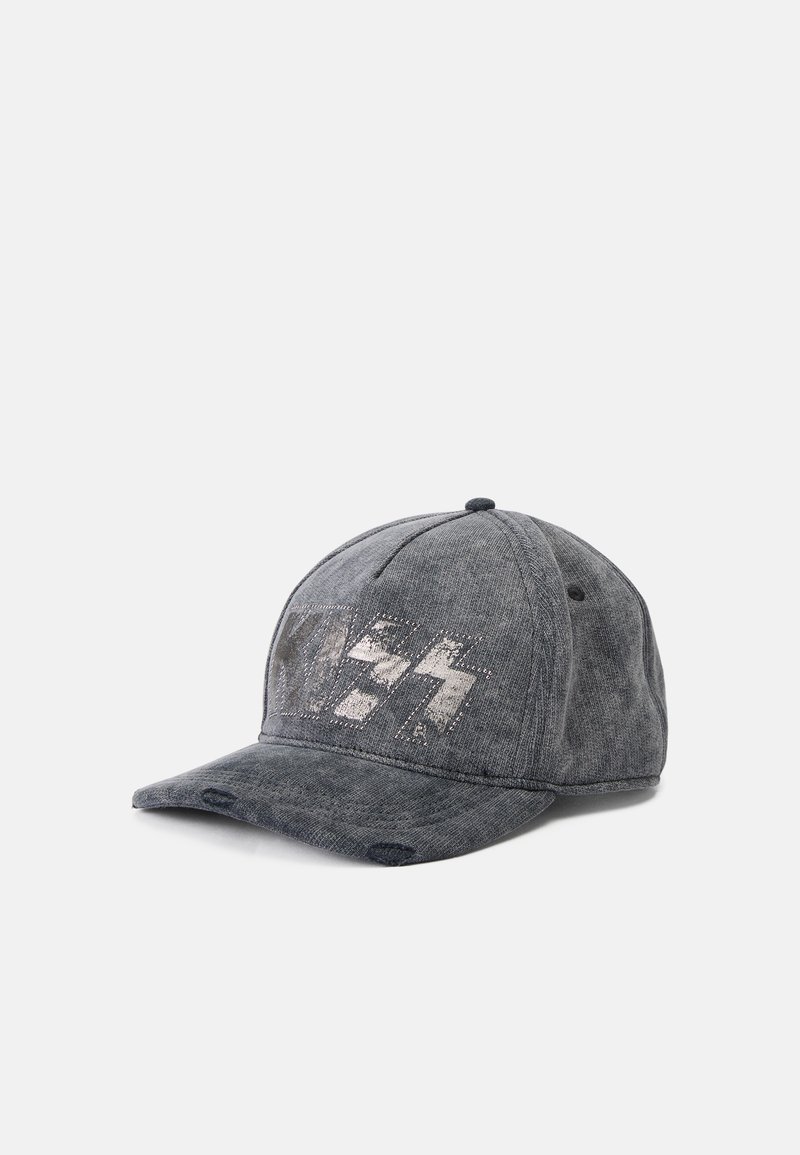 Gray fabric baseball cap featuring a slightly distressed look, rounded crown, and a front graphic design in lighter gray.