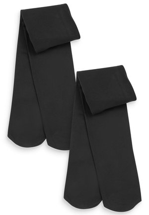 Schwarze blickdichte Strumpfhosen, glatte Textur, mit einem gefalteten oberen Bund und abgerundeten Zehen. Keine sichtbaren Muster oder Verzierungen.