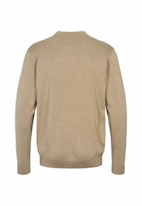 Pull beige à manches longues avec poignets et ourlet côtelés vu de dos sur fond blanc.