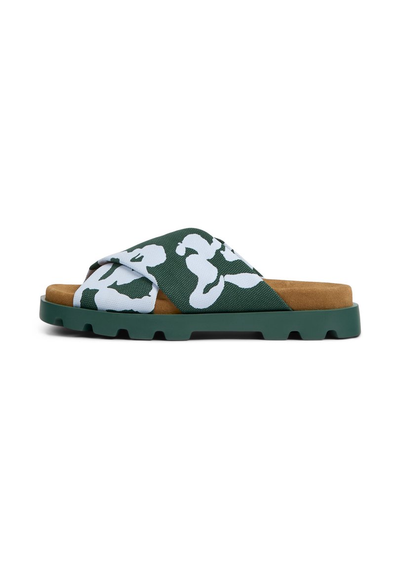 Sandal in verde con motivo astratto bianco, design a strappo incrociato e parte superiore testurizzata. Presenta un'intersuola imbottita e suola in gomma.