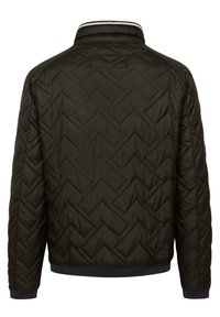 Quilted jacket in dark green with a chevron pattern, featuring a ribbed collar and cuffs, and a smooth, textured fabric.