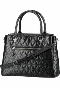 Borsa nera con motivo trapuntato, accessori in argento, doppio manico superiore, tracolla removibile e tasca frontale con zip. Finitura testurizzata.