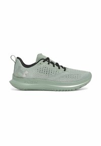 Light green athletic shoes with a breathable upper, black laces, and a wave-patterned sole. Features a prominent logo and textured design.