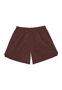 Braune Shorts aus leichtem Stoff, ausgestattet mit einem elastischen Bund und einem lockeren Schnitt. Schlichtes Design ohne sichtbare Muster oder Akzente.