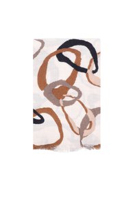 Sciarpa con motivi a loop astratti in nero, marrone, beige e grigio su uno sfondo bianco, con bordi frangiati in basso.