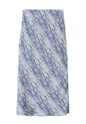 Falda midi con un patrón abstracto de teñido anudado en azul claro y crema, corte recto y textura de tela suave.