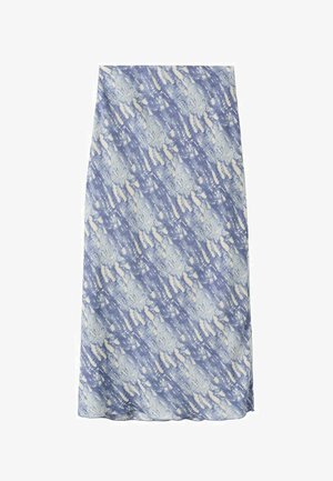Falda midi con un patrón abstracto de teñido anudado en azul claro y crema, corte recto y textura de tela suave.