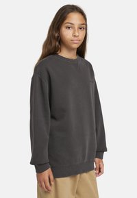 Mörkgrå sweatshirt med rund hals och ribbade mudd, tillverkad av bomullsblandat material, med en subtil logga på bröstet.