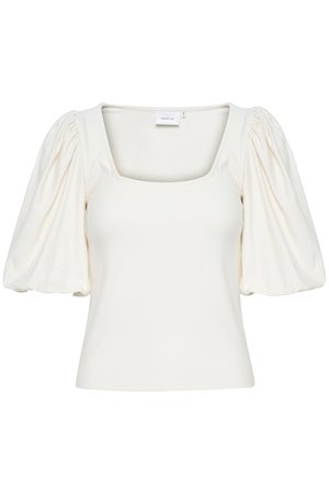 Bluza s pufastimi rukavima v bež barvi, z kvadratnim izrezom in mehkým, raztegljivim materialom, ki se prilagaja oblikam telesa.