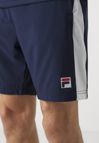 Merineelased sportlikud šortsid esitlevad sujuvat disaini hallide külgpaneelidega. Alumise jala peal on silmapaistev Fila logoplaat.