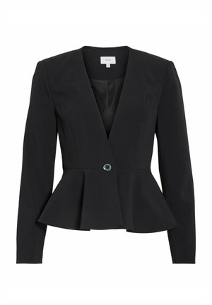 Veste péplum noire en tissu structuré. Présente un décolleté en V profond, des manches longues et une fermeture à un bouton avec un accent bleu.