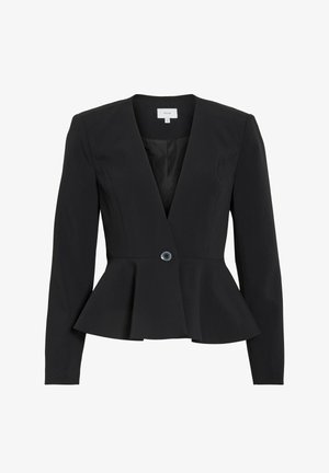 Mustast struktuurse kangaga peplum-jakk. Omadused: sügav V-kaelus, pikad varrukad ja üksik nööp sulgemiseks sinise aktsendiga.