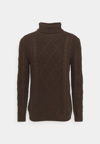 Pull à col roulé en maille torsadée marron avec motifs losanges et tressés, manches longues, poignets et bas côtelés.