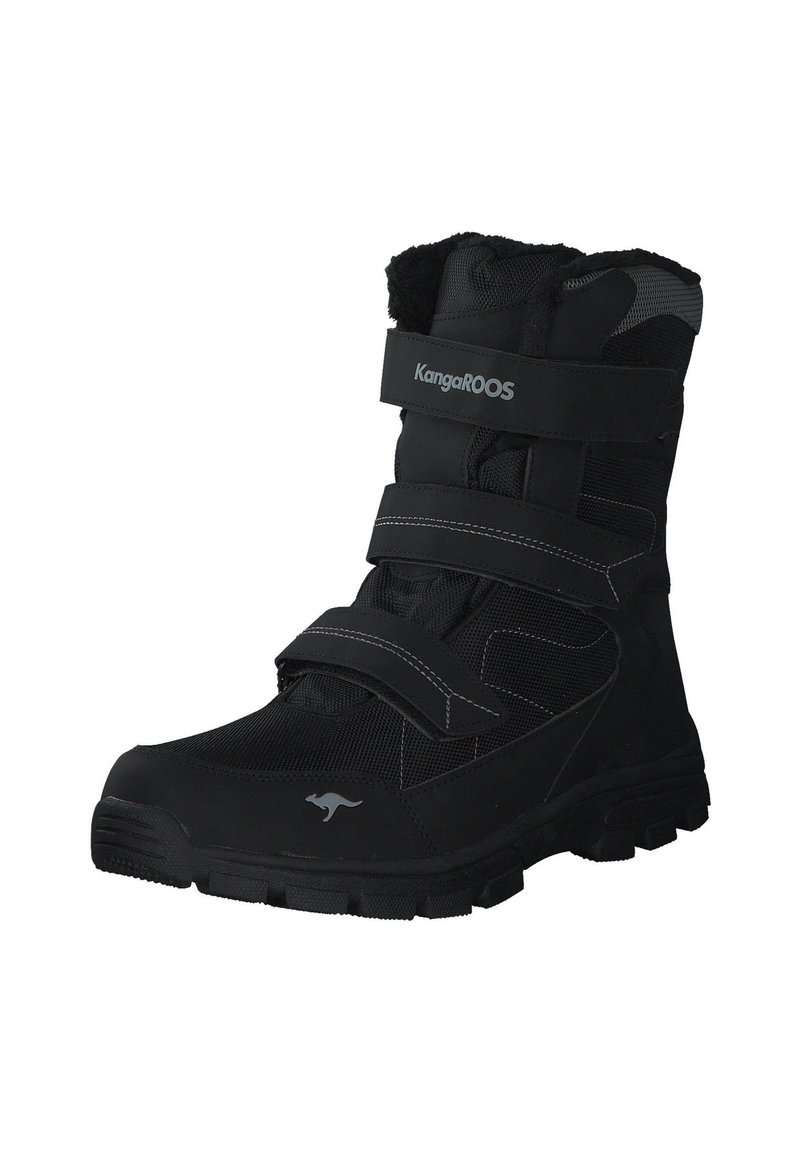 Schwarze Winterstiefel aus synthetischem Material, mit drei verstellbaren Riemenschlüssen, strukturierten Seiten und einer robusten Sohle für besten Halt.