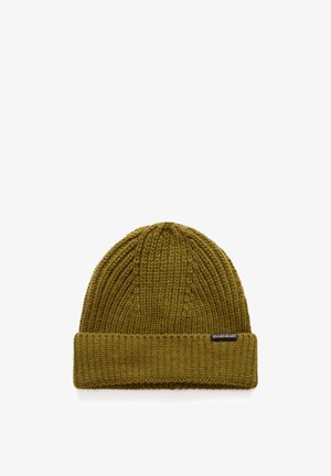 Oliivivihreä neulottu pipo, jossa on uritettu pinta, taitettu reunus ja pieni merkki sivussa. Klassinen, unisex-muotoilu.