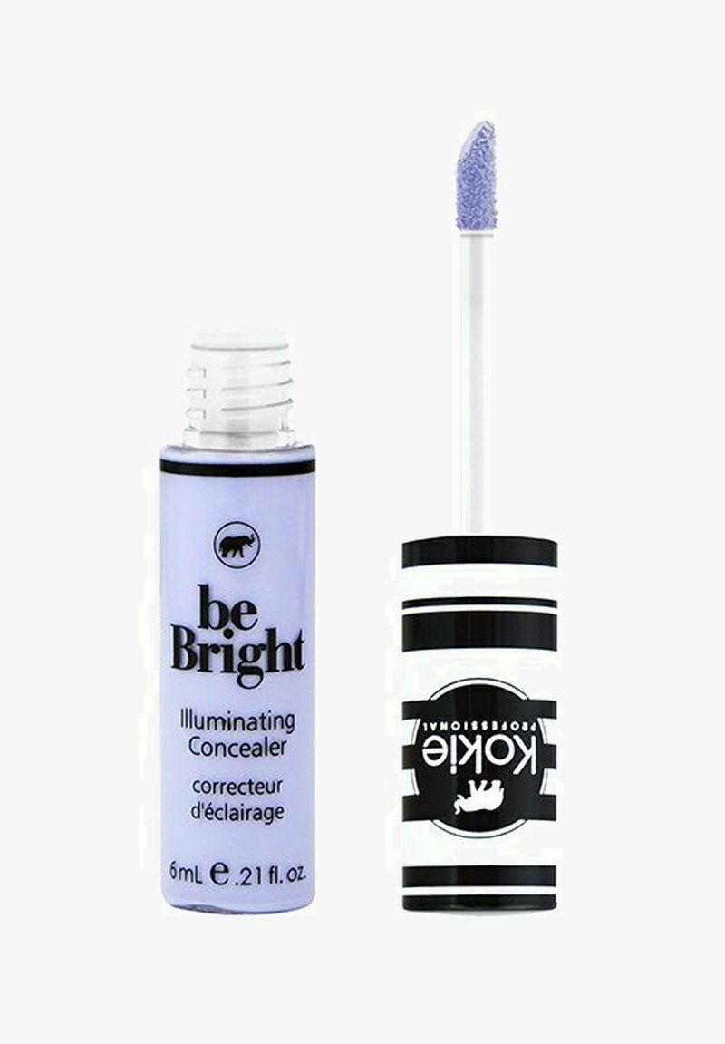 Lila tub med "be Bright" upplysande concealer med svarta accenter, utrustad med svampapplikator, märkt med produktinformation.