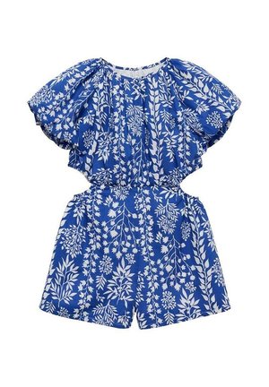 Blå off-shoulder romper med hvidt blomstermønster, puffede ærmer og udskæringer i siden ved taljen.