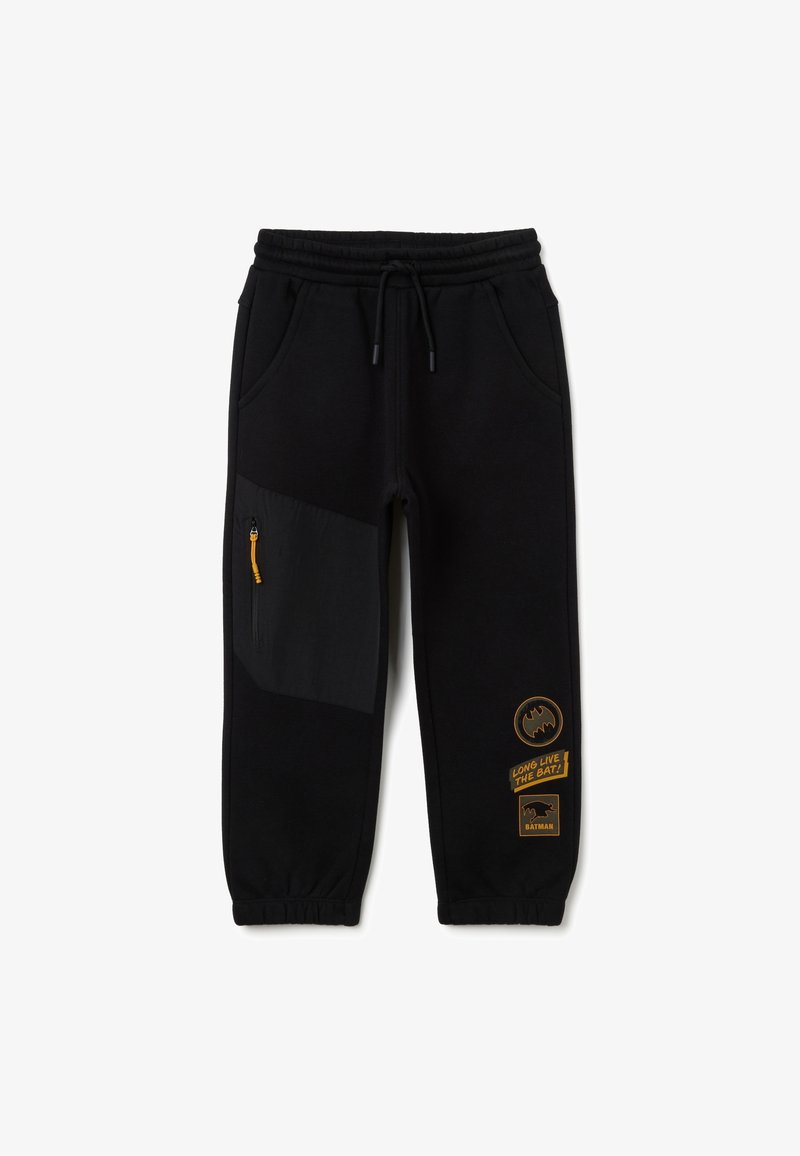 Zwarte sweatpants met een elastische tailleband, voorzien van een zijzak met rits, contrasterend paneel en oranje Batman-thema graphics.
