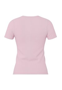 Īsām piedurknēm, ribota T-kreklu maigi rozā krāsā. Ar apaļu kakla izgriezumu un pieguļošu siluetu. Izgatavots no viegla adījuma auduma.