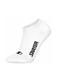 Weiße, tief geschnittene Socke mit schwarzem "STARTER"-Text und Stern-Logo oben, seitlich auf einem weißen Hintergrund dargestellt.
