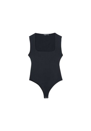 Body nero con scollatura quadrata, design senza maniche e retro a perizoma. Realizzato in tessuto liscio ed elastico. Presenta una chiusura a pressione nella parte inferiore.