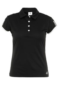 Černé polo tričko s límečkem, třemi bílými knoflíky, bílými akcenty na rukávech a malým logem Adidas na dolní části předního dílu.