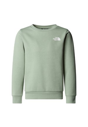 Hellgrüner Pullover aus weichem Stoff mit rundem Ausschnitt, gerippten Bündchen und einem kleinen weißen Logo auf der oberen linken Brustseite.
