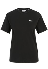 T-shirt nera a maniche corte realizzata in cotone con colletto rotondo. Presenta un logo FILA bianco sul lato sinistro del petto e un colletto marchiato.