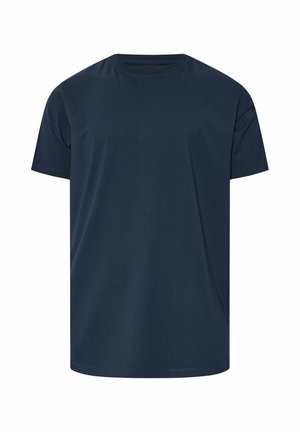 Einfache marineblaue T-Shirt mit kurzen Ärmeln und Rundhalsausschnitt aus glattem Stoff, dargestellt auf weißem Hintergrund.