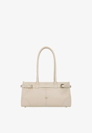 Sac à main rectangulaire en cuir beige avec deux longues anses, sangles à boucle sur les côtés et petit emblème doré au centre devant.