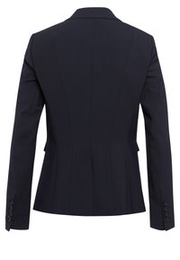 Navy tailored blazer with structured shape, long sleeves, and a slim fit. Features a notched collar and six button accents on the cuffs.