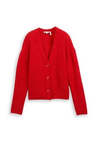 Czerwony sweter na drutach z głębokim dekoltem w serek, zapinany na pięć guzików z przodu oraz z długimi rękawami o teksturowanym wykończeniu.