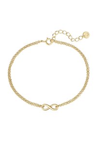 Pulsera en tono dorado que presenta un símbolo de infinito, compuesta de cadenas superpuestas con un cierre de langosta seguro y longitud ajustable.