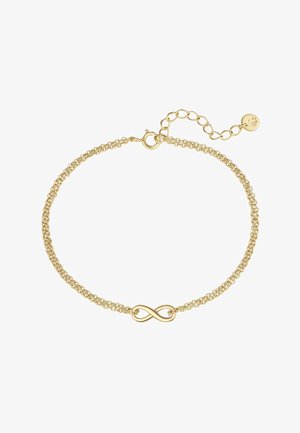 Náhrdelník zlatého tónu s nekonečným symbolom, zložený z vrstvených reťazí s bezpečným uzáverom na hompáľ, pričom je nastaviteľný na rôzne dĺžky.