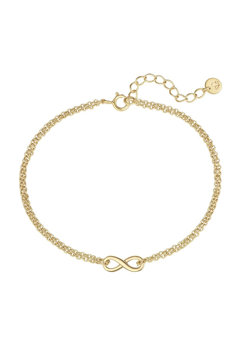 Pulsera en tono dorado que presenta un símbolo de infinito, compuesta de cadenas superpuestas con un cierre de langosta seguro y longitud ajustable.