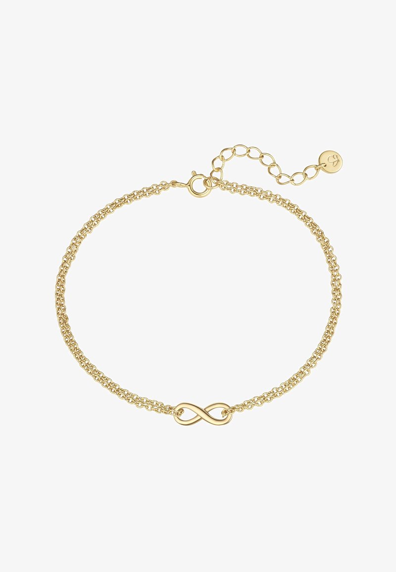 Pulsera en tono dorado que presenta un símbolo de infinito, compuesta de cadenas superpuestas con un cierre de langosta seguro y longitud ajustable.