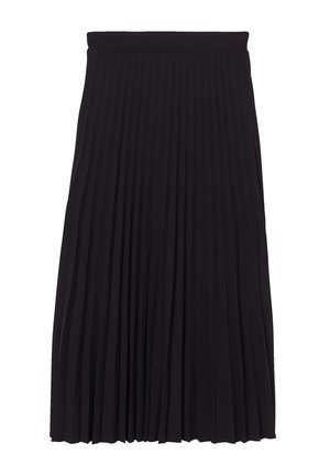 Black pleated skirt made of a lightweight fabric. Features an elastic waistband and falls to mid-calf length with vertical folds.