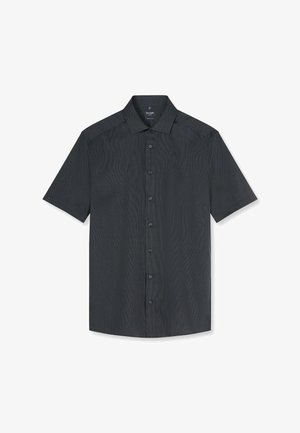 Chemise noire à manches courtes avec un motif texturé et un col classique, posée à plat sur un fond blanc.