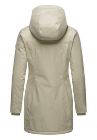 Beige winter parka met een capuchon, voorzien van een gestructureerde stof, een lichtgetailleerde pasvorm en gebreide manchetten. Twee zakken aan de zijkant.