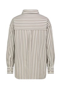Striped long-sleeve shirt in beige and white, featuring a back yoke, pleat detail, and buttoned cuffs. Cotton material with smooth texture.